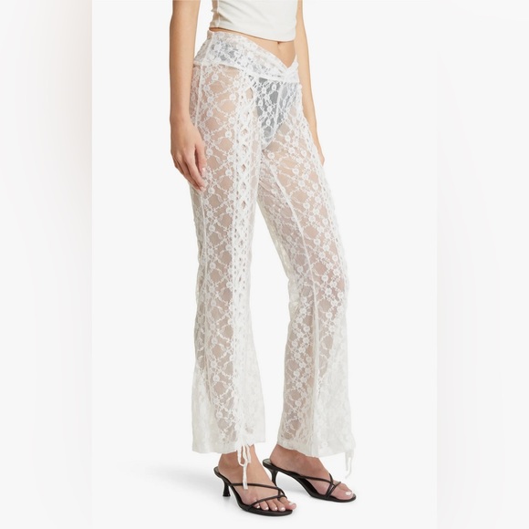 House of Sunny Lovers Lace Sheer Kick Flare Pants Porcelain NEW - Picture 7 of 10